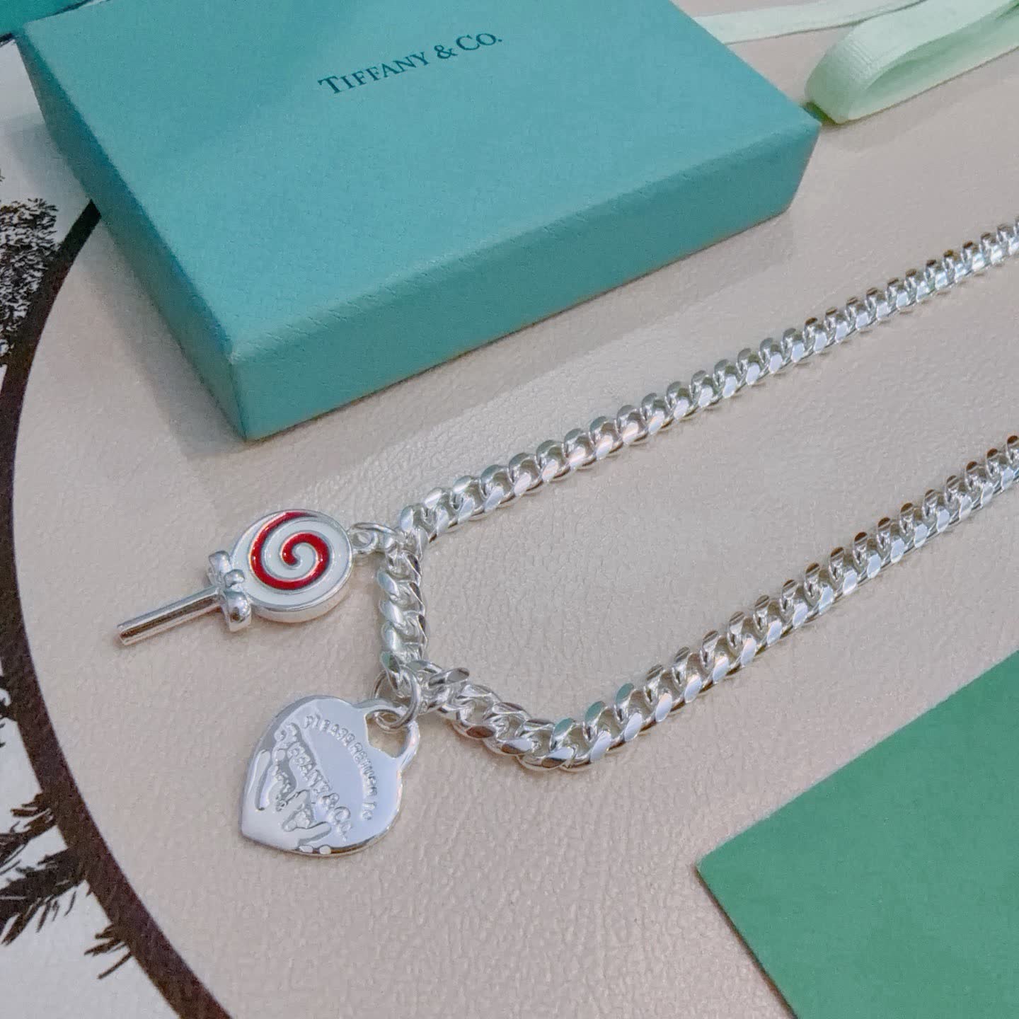 Tiffany & Co. Silver Chain Necklace with Lollipop and Heart Charms